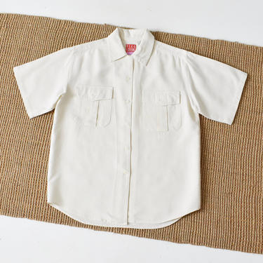 vintage raw silk top, ivory button down shirt, size L 