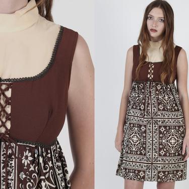 Vintage 70s Dirndl Paisley Dress Romantic Puritan Corset Brown Floral Mini Dress 