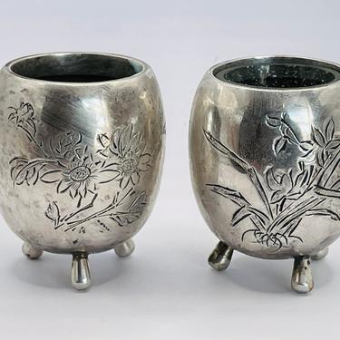 Antique Chinese Export Sterling Silver Salt Cellars- 1900 Qing Dynasty Marked SF 900- Rare 