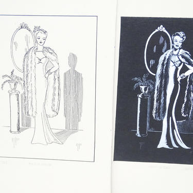 2 Antique 1940's Original Art, Sylvia Baird Vintage Fashion Advertisement Illustration Design Paintings, Elegant Woman in Dress & Furs 