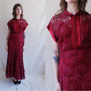 Vintage 40s Merlot Lace Gown with Satin Slip/ 1940s Button Up Maroon Dress/ Size Medium 