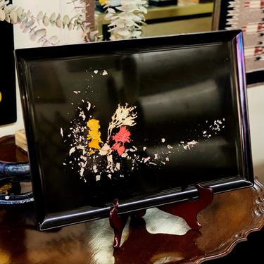 Vintage Couroc Abstract Plastic Serving Tray, Abalone, Coral & Seaweed Inlay, Large Black Tray With Iridescent Design, Monterrey California 