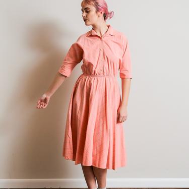 Size M, 1980s Does 1950s Peachy Pink Striped Batwing Dress - Mom Dress - Knee Length - Shirt Dress - Cotton - Flowy - Fit and Flare 