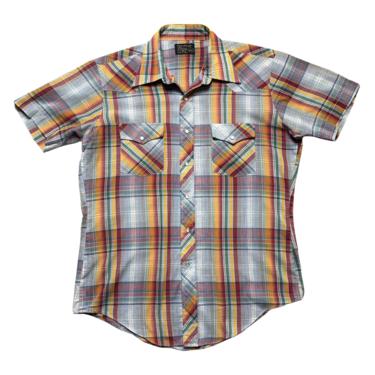Vintage JC PENNEY Plaid Western Shirt ~ size L ~ Pearl Snap Button ~ Cowboy /  Rockabilly ~ Short-Sleeve 