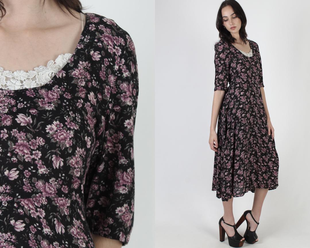 Vintage 90s Black Purple Floral Dress / Gypsy Grunge Festival Dress