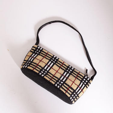 Vintage 1990s Beaded Nova Check Baguette Style Bag Plaid Checkered Y2K Mini Bag Bead 
