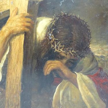 Vintage Original Painting of Jesus Wearing Crown of Thorns, Holding Cross,  Religious Retablo on Metal 