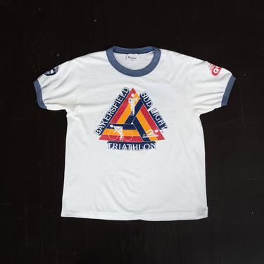 80s Bakersfield Bud Light Triathlon T Shirt - Men's Medium, Women's Large | Vintage California Graphic Race Ringer Tee 