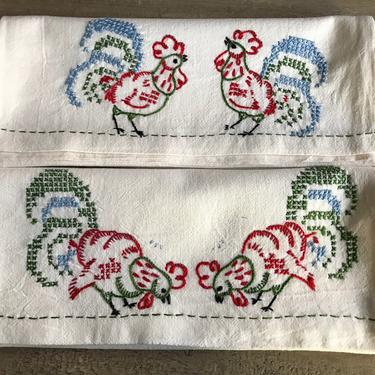 Pair Vintage Cotton Tea Towels, Embroidered, Roosters, Set of 2 