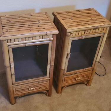 Vintage Bamboo Boho Chic Side Table Cabinets - a Pair