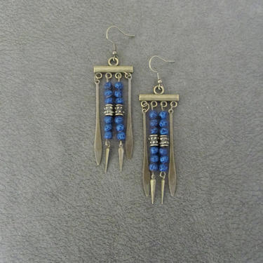 Lava rock earrings, chandelier earrings, blue and brass beaded earrings, mid century modern earrings, industrial earrings, unique earrings 2 