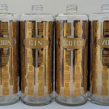 Vintage Culver &quot;Coronet&quot; Pattern 22k Gold-Trimmed Mid-Century Liquor Bottles - Set of 4