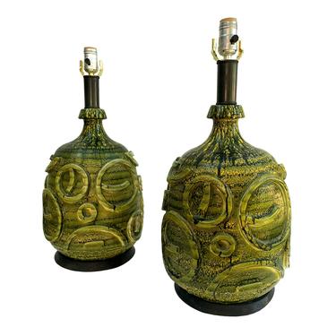 Mid Century Modern Pair of Green Table Lamps Bitossi Style 
