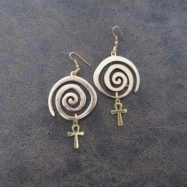 Egyptian earrings, Ankh earrings, bold statement earrings, ethnic brass earrings, fertility symbol earrings, vortex spiral earrings 