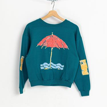 90s Beach Umbrella Sweatshirt - Women's Medium | Vintage Teal Color Block Puffy Graphic Pullover 