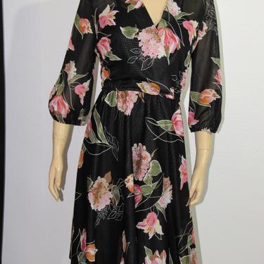 Vintage 70s  Lady Carol Sheer Disco Dress Florals and Diamonds Elastic Waistline 
