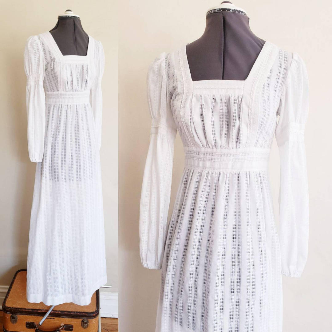 1970s White Maxi Dress Prairie Cottagecore / 70s Long Sleeved Empire