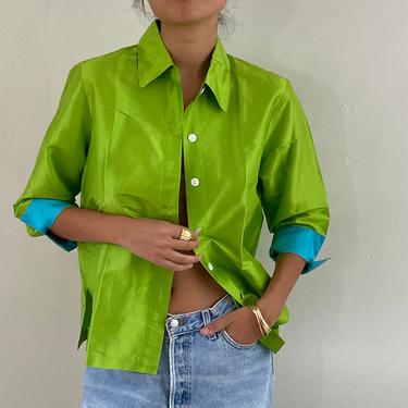 90s silk blouse / vintage lime green silk dupioni blouse with colorblock cuffs + collar / neon silk over shirt  | L 