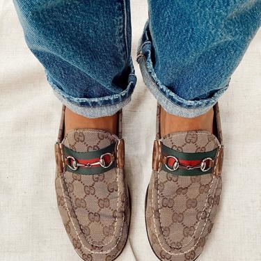 Vintage GUCCI GG Guccissima Monogram Supreme HORSEBIT Webbing Red Green Stripe Flats Loafers Brown us 7.5 eu 37.5 