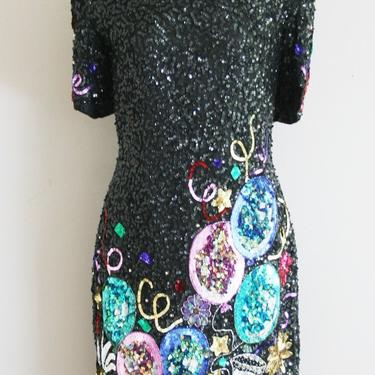 1980s Sequined Cocktail Dress by Laurence Kazar - Beaded Party Dress - New Years 