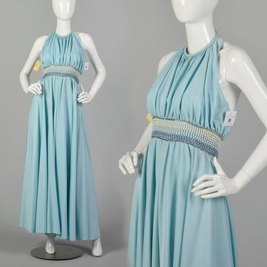 XXS 1960s Jumpsuit Halter Top Palazzo Wide Leg Pants Baby Blue Beaded Evening 