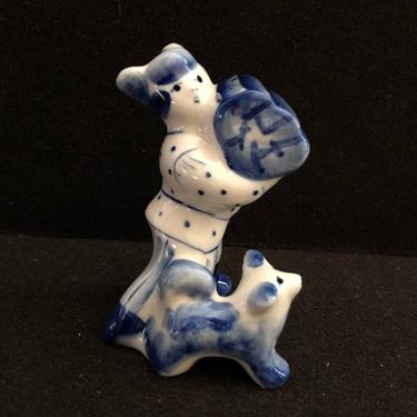 Gzhel Russian Porcelain Figurine Girl Carrying Wood with Dog 