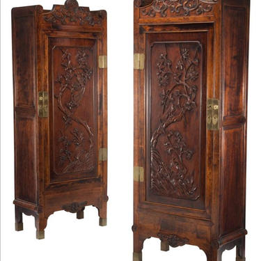 Pair of Antique Chinese Carved Single Door Cabinets 