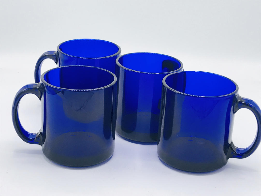 Vintage set of (4) of Cobalt Blue Glass Coffee Mugs Cup JoAnntiques