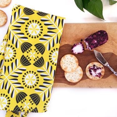Folk Flower tea towel in yellow • Scandinavian-inspired design 