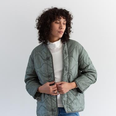 Vintage Slate Green Liner Jacket | Wavy Quilted Nylon Coat | S M | 