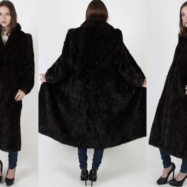 Mahogany Mink Fur Coat / Vintage 80s Dark Brown Full Length Feathered Mink Fur Coat / Plush Chevron Pockets Long Jacket 
