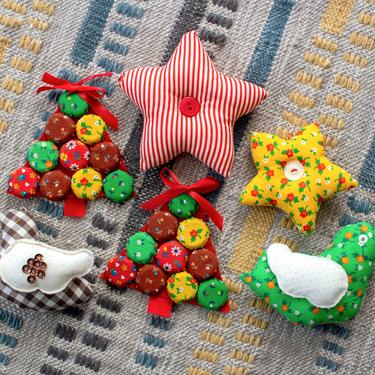Vintage 1970s Handmade Christmas Tree Ornaments - Calico Fabric Kitschy Stuffed Ornaments Holiday Decor Trees, Stars, Doves - Set/6 