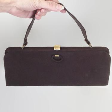 VINTAGE 1950s Mam'Selle Brown MCM Handbag | 50s Envelope Pocketbook | Structured Mid Century Modern Purse | Sueded Plush Fabric 