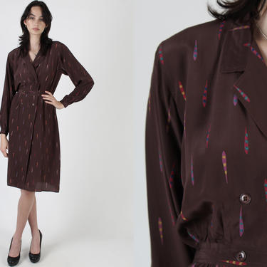 Brown Feather Print Silk Dress / Vintage 80s Double Breasted Dress / Womens Wear To Work Business Professional Dress 