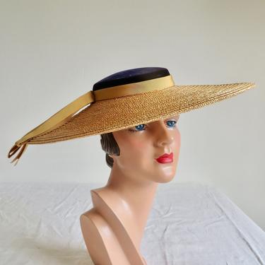 vintage 1940s black straw wide brim hat cartwheel 40s fashion coral ribbon 1940s hat, black straw, wide brim, vintage millinery, 1930  main image 4