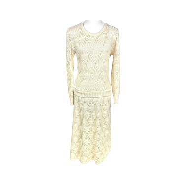 Vintage Bohemian Dress Tour Time Knitted Lace Dress 60's,70's Beige Knitted Long Sleeve Dress Ankle Length Fits like a Small Acrylic & Nylon 