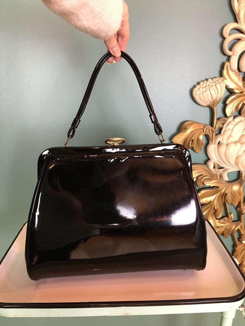 Vintage 1950s Black Patent Leather Top Handle Wide Rectangular Handbag