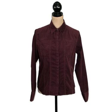 90s Dark Purple Corduroy Shirt, Snap Button Long Sleeve Collared Blouse Medium, 1990s Clothes Women, Vintage Clothing from Liz Claiborne 
