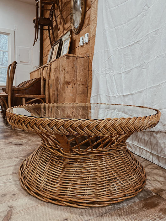 Round Woven Wicker And Glass Top Coffee Table By Vintageandswoon From Vintage Swoon Of New Bedford Ma Attic