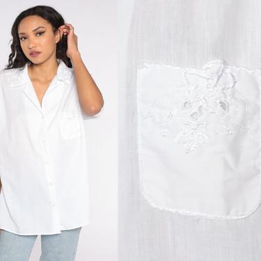 White EMBROIDERED Blouse 80s Boho Top FLORAL Eyelet Button Up Shirt Cap Sleeve Hippie 1980s Vintage Bohemian Collared Blouse 20W xxl 