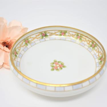 Antique Porcelain Bowl by RC Royal Crockery Nippon Japan 1911-1920 | Gilded Gold Rim White Pink Floral Dish | Small Decorative Trinket Bowl 