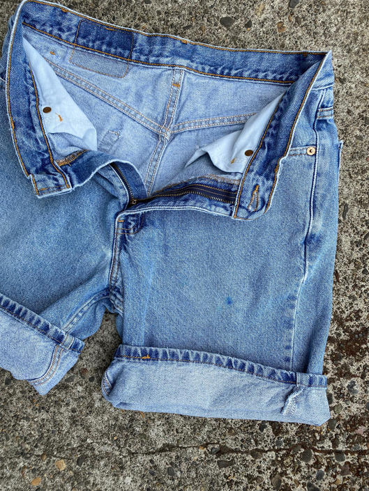 Levis denim shorts ~ distressed jeans~ cutoffs style~ medium blue denim~ 501 style ~ high waist size 32” / unisex Medium HattiesVintagePDX from Hatties Vintage of Portland, OR | ATTIC