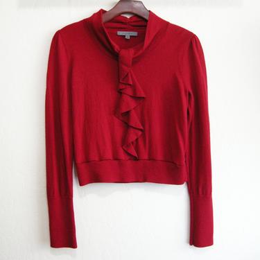 Red Wool Front Ruffle Crop Sweater