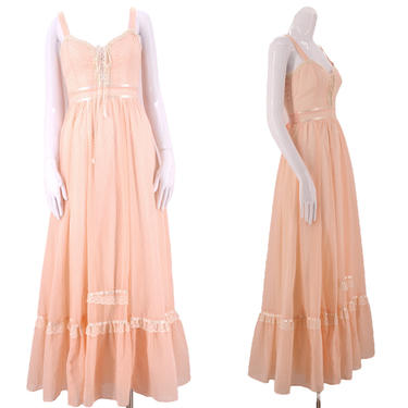 70s GUNNE SAX pink lace up cotton prairie dress 5 / vintage 1970s peasant Swiss dot print ruffle dress gown 