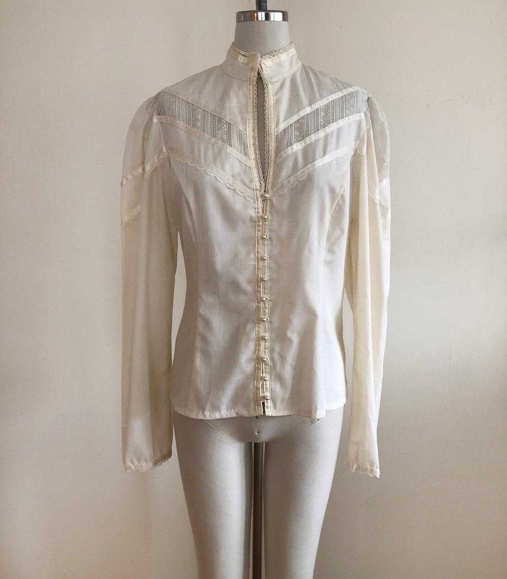 Long-Sleeved Cream Gunne Sax Blouse with Lace Insets and Pearl-Trim ...