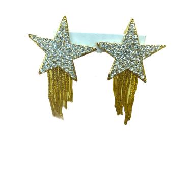 Vintage VTG 1980s Gold Star Beaded Rhinestone Dangle Clip On Earrings 