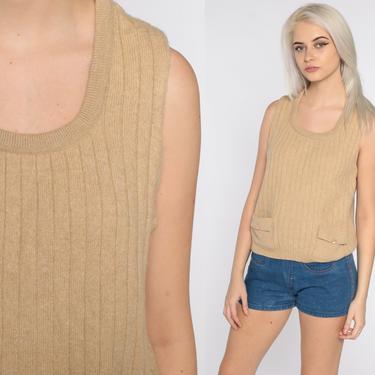 Tan Knit Vest Top Sleeveless Sweater 80s Wool Blend Tank Vest 1980s Sleeveless Pullover Vintage Pocket Camel Vest Medium 