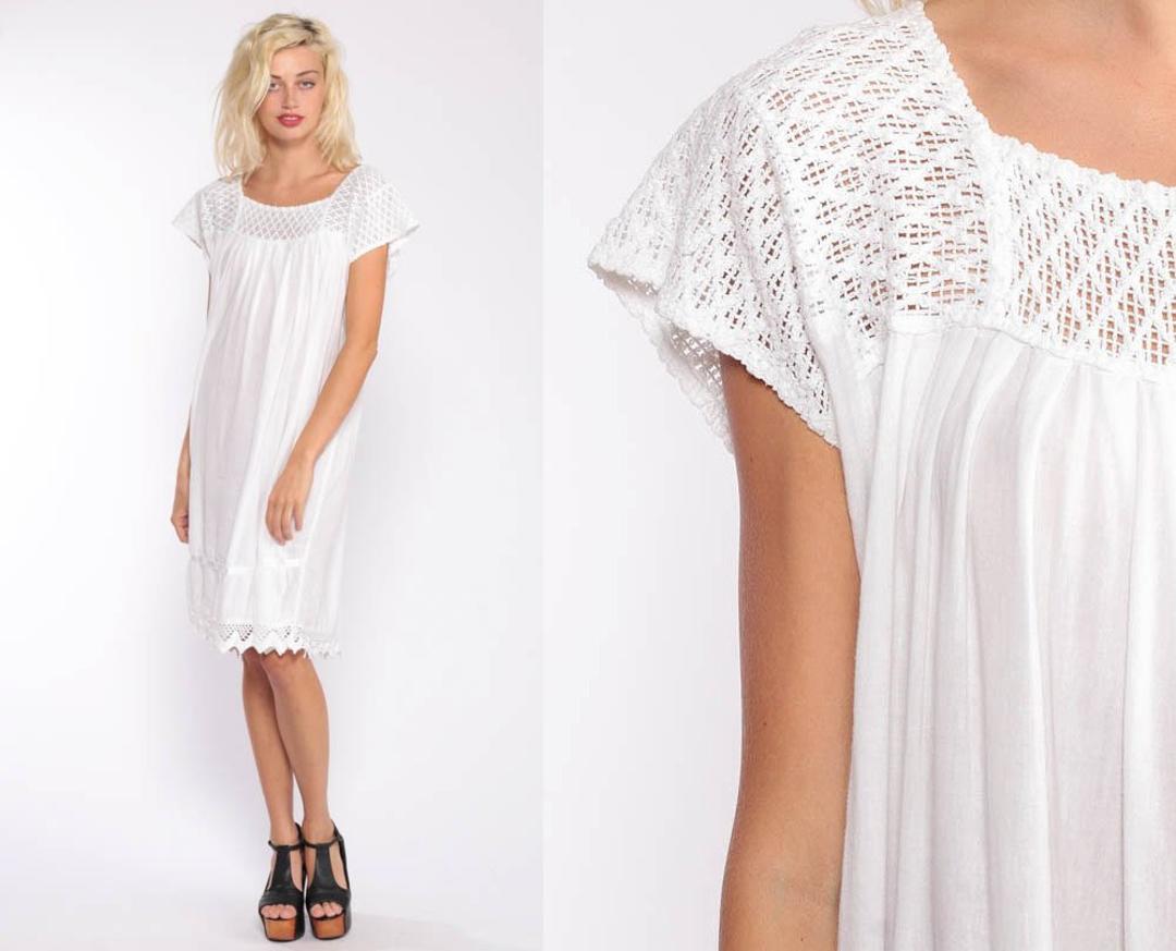 Cotton Gauze Dress Mini White Tunic Dress Bohemian Trapeze Lace Shop