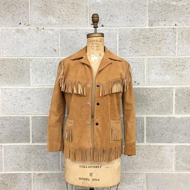 Vintage Fringe Suede Jacket 1970s Joo-Kay + Genuine Leather + Western Wear + Size 16 + Tan + Cognac + Snap Front + Unisex Apparel 
