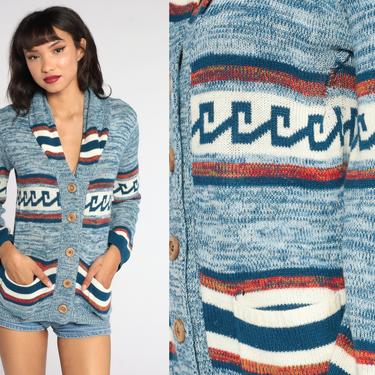 70s Cardigan Striped Space Dye Sweater Blue Boho Sweater Hippie Sweater 1970s Button Up dyed Seventies Acrylic Knit Retro Vtg Small Medium 